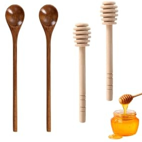 Juego de 4 cucharas de madera extra largas para miel (20 cm) para tener las manos limpias - Removedor de miel y espiral de miel (15 cm) - Cucharas de madera té y sirope - Cuchara robusta y antiadheren