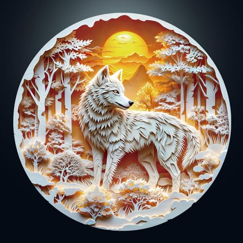 Puzzle 1000 Teile Erwachsene, Klassische Puzzles Runden Visuell 3D Wolf, 67.5 x 67.5cm Flaches Jigsaw, Blaue Papierkarte, Einzigartige 1000 Jigsaw Puzzle für Familie Freunde