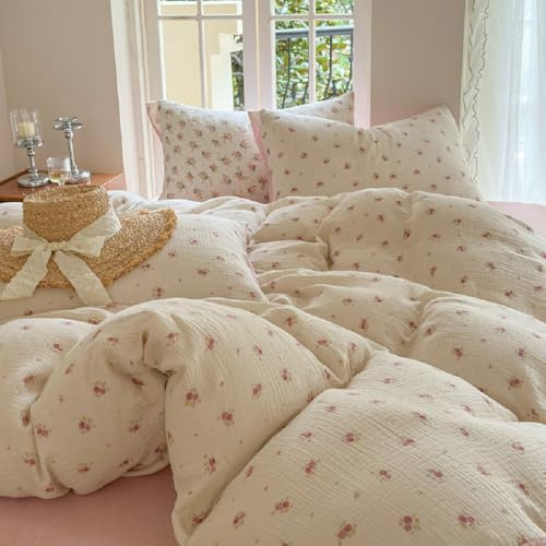 Sedefen Musselin Bettwäsche 135x200 Baumwolle Beige Blumen Wendebettwäsche | Doppelte Musselin,Oeko-TEX Bettwäsche für Allergiker,4 Jahreszeiten Set,Bettbezug 1 Kissenbezüge 80x80 mit Reißverschluss