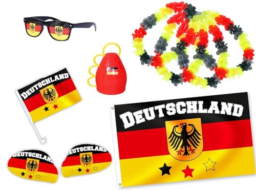 Alsino Kit XXL supporter Allemagne (FP-02) Ensemble de 10 pièces: housses pour rétroviseur, drapeau pour voiture, Drapeau 150 x 90, Lunettes à grille à trous, Caxirola, 4 collier pour coupe du monde