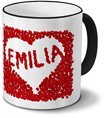 printplanet Tasse mit Namen Emilia - Motiv Blumenherz - Namenstasse, Kaffeebecher, Mug, Becher, Kaffeetasse - Farbe Schwarz