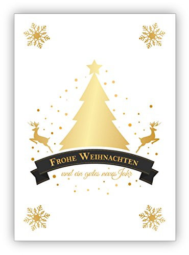 Kartenkaufrausch 1 Elegante Weihnachtskarte mit Umschlag Grußkarte mit Weihnachtsbaum und springendem Hirschen in gold Optik: Frohe Weihnachten und ein gutes neues Jahr • feine Grusskarte