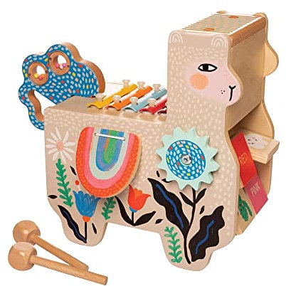 ManhattanToy 217120 Instrument de Musique Llama en Bois avec Maraca, Sacoche de Selle Clack, Baguettes, Toilette et Xylophone - version anglaise