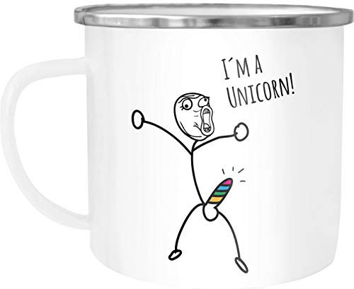 Moonworks® Taza esmaltada con texto en alemán I'm a unicorn, diseño divertido de figuras de palos, pene, unicornio, parodia, ironía, taza esmaltada, color blanco y metal