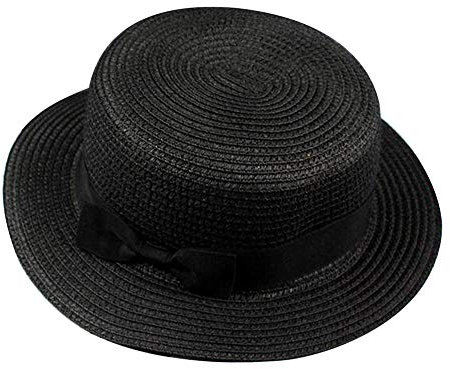GREENLANS-1 Sommerhut für Reisen, Strand, Sonnenhut, Strohhut für Damen, Sommer-Bootfahrer, Schleife, einfarbig, rund, flach, Strohhut – Schwarz Gr. Einheitsgröße, Schwarz