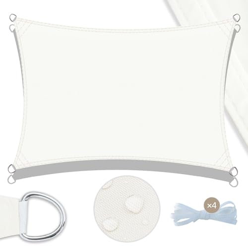 UMI Sonnensegel Wasserdicht 2x4m Rechteckig Sonnenschutz Wetterschutz PES Polyester Segel Baldachin 95% UV Schutz mit Seilen für Garten Balkon Terrasse- Creme