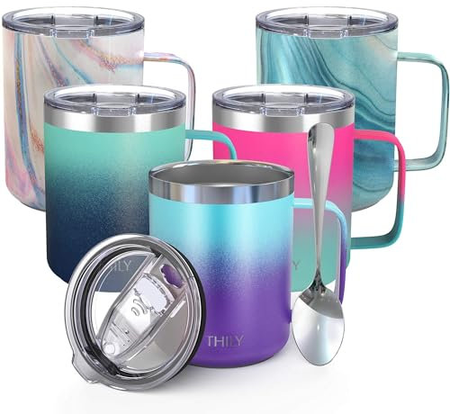 THILY Isolierter Thermobecher aus Edelstahl, 340 ml, vakuumisolierte Kaffeetasse mit Griff, auslaufsicherer Deckel, hält Kaffee kalt oder heiß, leicht, pulverbeschichtet, Ombre: Violett Blau