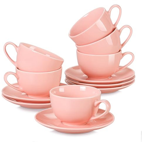 LOVECASA Sweet 12-Piece Porcelain Coffee Set with Saucers, Cappuccino Cups for 6 People, 230 ml, Pink Colour