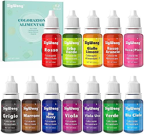 Coloranti Alimentari a 12 colori - Liquido Concentrati per ​Cuocere Decorare, Cucinare, Glassare, torta, Fondente, Insapore, Senza Glutine - Flaconi di 10 ml