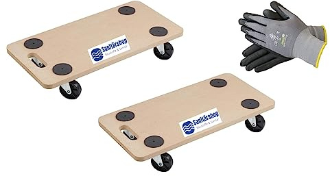 Sanitärshop Baustoffe & Sanitär Set: 2 Stück Rollbrett Transport Transportroller Möbelroller - Traglast 200kg - mit 4 Antirutschpads - 590 x 290 mm - inkl. gratis Handschuhe Gr. 10