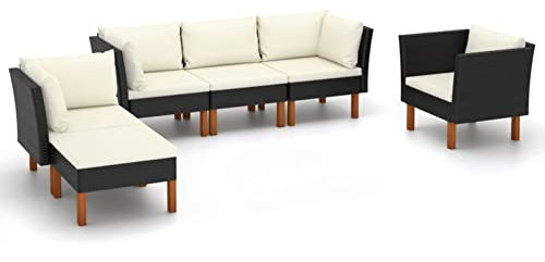 Susany Garten-Lounge-Set Garten-Sitzgruppe Eukalyptusholz Gartenmöbel 6-TLG.Sitzgruppe Sofa Lounge Garten Garnitur Gartenset Gartensofa Ecksofa Mittelsofa Fußhocker Poly Rattan Schwarz