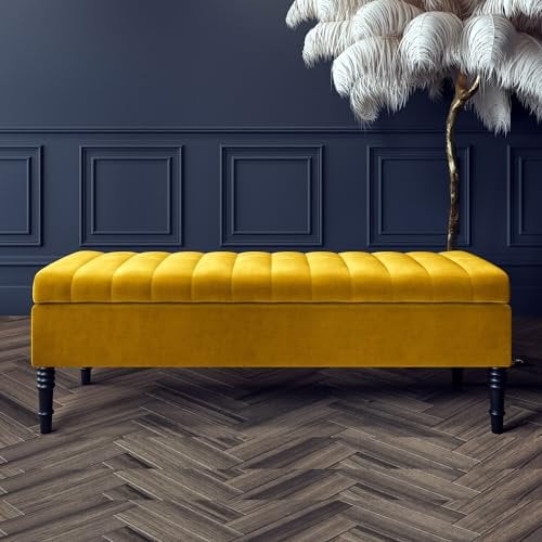90cm Wide Safar Ottoman Storage Bench, Plush Shoe Bench with Storage, Velvet Footstool, Lined Upholstered Coffee Table, End of Bed Bench, Hallway Seating Bench (Mustard Gold Velvet, 3ft (90x40x40) CM)