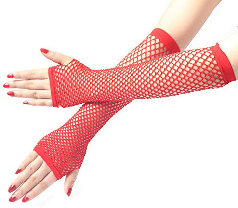 PTNKUIIY Damen Lange Netz Handschuhe,Frauen fingerlose Fischnetz lange Handschuhe Elastische Nylon Mesh Handgelenk Handschuhe Abendhandschuhe für 80er Jahre Mottoparty Kostüm Zubehör Halloween,Rot