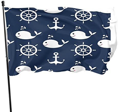 Maritime Stimmungsflagge 3x5 Ft Nautische Wale Räder Anker Tiefblaue Dekorationsflagge für Garten Hof Haus Rasen Urlaub mit Ösen