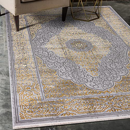 Mazovia Orientalisch Vintage Teppich - Kurzflor - Weich Traditioneller Teppich für Wohnzimmer, Schlafzimmer, Esszimmer - ÖKO-TEX Wohnzimmerteppich - Teppiche mit Fransen Beige Gold 200 x 300 cm
