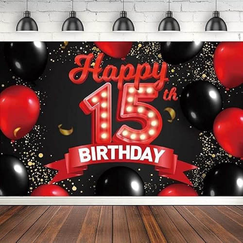 Fotografie Hintergrund Happy 15th Birthday Roten Und Schwarzen Banner Luftballons Dekoration Für Mädchen Versorgt Hintergrund Poster Glitter Gold 180X120cm