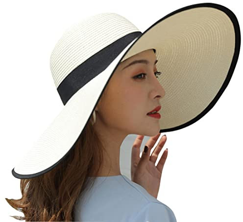 BABAHU Chapeau de paille pliable à large bord pour femme - Chapeau de plage anti-UV UPF 50+, 03-Style Blanc, taille unique