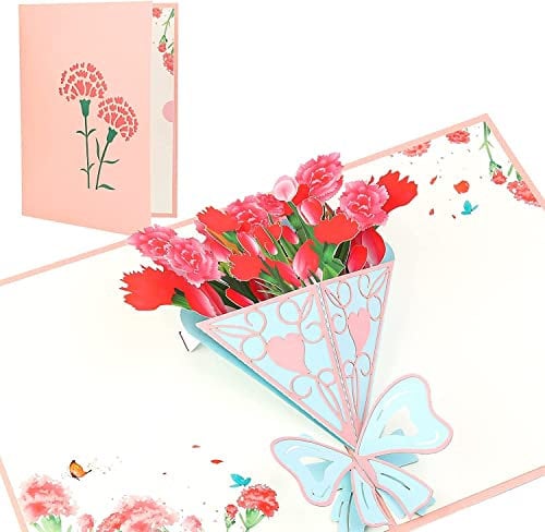 DONQL Pop-Up Blumenkarte – Nelken mit Blumen Karte – 3D Geschenkkarte zum Geburtstag, als Gutschein oder zur Genesung, Blumen Grußkarte mit Umschlag für Freundin, Frau & Mutter (Nelken)