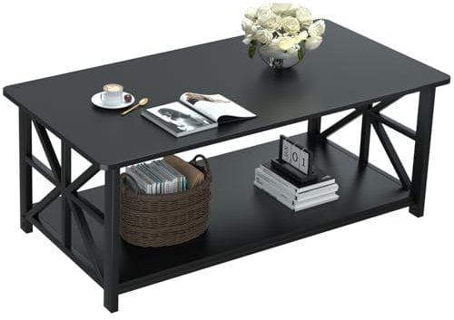 GreenForest Coffee Table with 2-Tier Storage,100 cm Living Room Table with Round Corner, Center Table with X-Frame Design for Home Office,Black