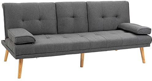 HOMCOM Schlafsofa, 3-Sitzer-Schlafcouch mit Klappbarem Tisch, Becherhalter, Bettsofa mit Leinenoptik, im Skandi-Design, bis 250 kg Belastbar, für Wohzimmer, Dunkelgrau
