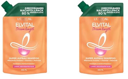 L'Oréal Paris Elvital Shampoo Nachfüllpack, Haarshampoo gegen Spliss, Für traumhaft langes Haar, Mit Rizinus-Öl, Dream Length, 1 x 500 ml (Packung mit 2)