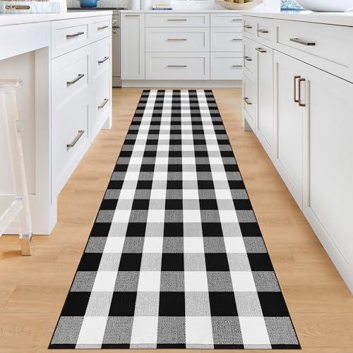 Aoczes Teppich Läufer Flur Lang 90x300 cm Waschbarer Küchenläufer Baumwolle Eingangstürmatte Kurzflor Schwarz und Weiß Intdoor Outdoor Langer Läufer Teppich für Eingang Schlafzimmer Wohnzimmer