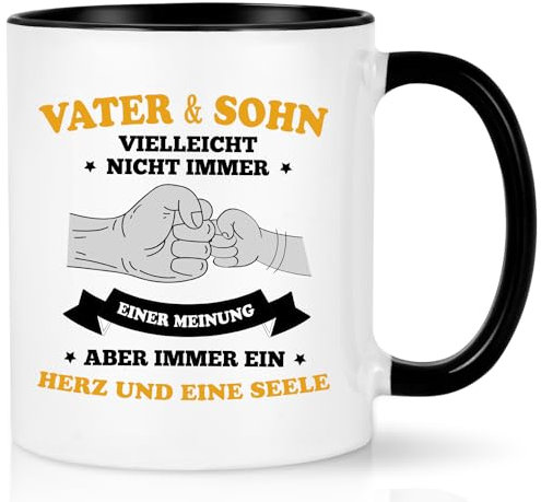 Joymaking Kaffeetasse Vatertagsgeschenk für Vater von Sohn Geburtstagsgeschenk für Papa Tasse mit Spruch - Vater Sohn vielleicht nicht immer einer Meinung aber immer ein Herz und eine Seele, 320ml