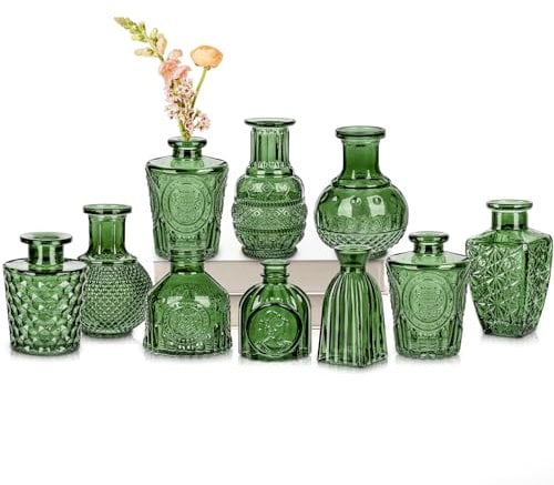 Oairse Glass Bud Vases Set of 10 Green Glass Vase for Flowers Mini Vintage Bottle Vases for Floral Arrangements Decorative Small Vases in Bulk for Wedding Centerpieces Table Decoration Home Table