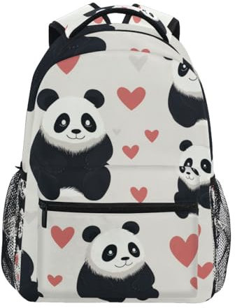Zaino per la scuola con cuori rosa, Zainetto Ritorno a Scuola, per ragazzi e ragazze, borsa da viaggio casual per computer portatile, Panda Cuori Rosa, S