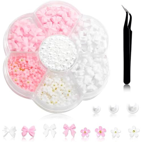 Nayyana Bunte Schleifenknoten-Nagelstecker-Strasssteine, Kristall, 3D-Schleifenknoten-Nagelanhänger-Set für Nagelsteine, Schmucksteine, Nagelkunst-Strasssteine, Rosa + Weiß