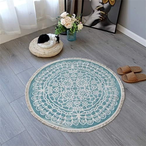 Tappeto rotondo fatto a mano, lavabile in lavatrice, tappetino indiano con nappe, tessuto a mano, runner da cucina, per camera da letto e soggiorno (azzurro)