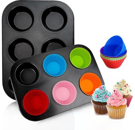SJDOFU Muffinform, 2 Stück Große Muffinform Aus Silikon für 6 Muffins und 12 Stück Wiederverwendbare Silikon Muffinförmchen, Muffinblech für Cupcakes(Schwarz)