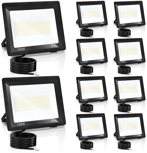 Izrielar Projecteurs LED 10x, 100W Projecteur Super Lumineux, 3 Températures de Couleur Réglables, Spots Imperméable IP66 pour Jardin, Terrain de Sport, Garage, Cour