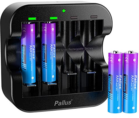 Rechargeable AAA Lithium Batteries, High Capacity 1100mWh, 2 Hour Fast Charge, with 4-Slot Charger, 1600+ Cycles, Triple A Rechargeable Battery for Remote Controls, Toys, Cameras (4 Pack)