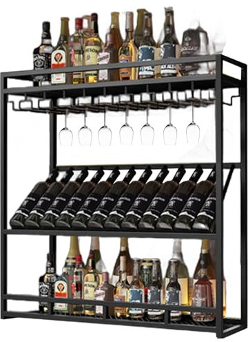 Estantería de Vino de Pared, Estantería de Vino Moderna de Gran Capacidad de Metal con Soportes para Botellas y Copas, Estantería Multifuncional de 3 Niveles para Estantería de Almacenaje de Bar de Re