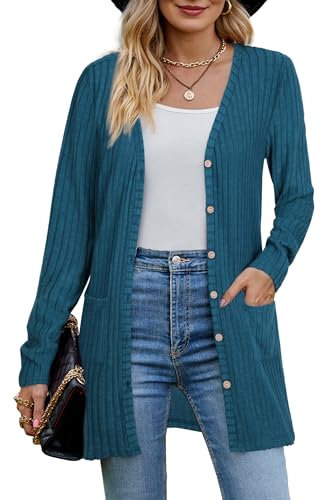 MYCOLORBLUE Alte Zeiten Strickjacken für Damen Elegant Gerippt Cardigan Langarm Knopfleiste mit Taschen Strickcardigan Pfau Blau L