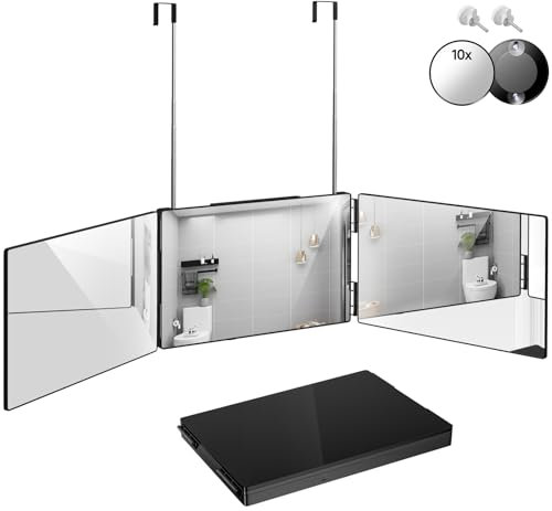 Cisivis 360 Grad Spiegel, 3 Wege Spiegel, Tragbarer Kosmetikspiegel, Höhenverstellbarer und Faltbar, Rasierspiegel mit 10X Vergrößerungsspiegel, für Haarschnitt, Rasieren, Schminken (Schwarz)