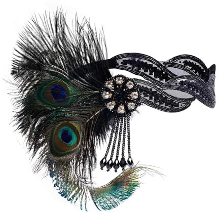 Lufdegim 1920s Stirnband Damen Kopfschmuck, 20er jahre Gatsby Haarband Pfau Feder Kostüm Accessoires 20er Jahre Accessoires Flapper Deco Damen für Karneval Fasching Kostüm Hochzeit (Grün)