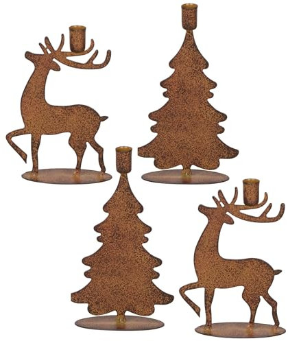 Kerzenständer 4er Set Hirsch und Tanne zum Stellen Kerzendeko 13-16cm hoch