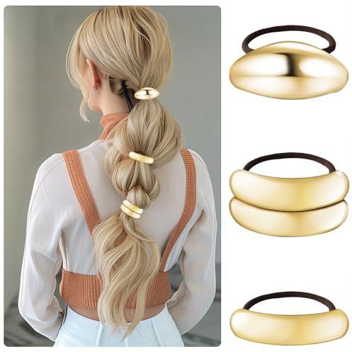 Gold Hair Cuffs 3PCS Gold Ponytail Cuff Hair Tie for Women Metal Hair Cuff Wrap for Thick Hair Cute Geometric Hair Accessories