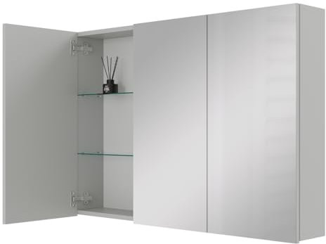 Planetmöbel ARIA Spiegelschrank Bad 100 cm breit | Badschrank hängend mit Spiegel | Weiß Grau, ohne Leuchte und Steckdose, Spiegelschrank Gäste WC 100 x 70 x 16 cm