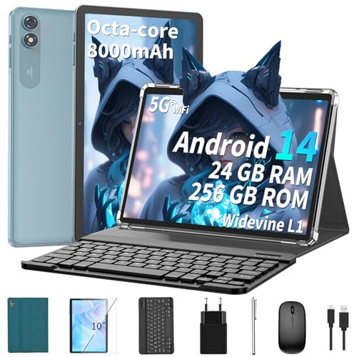 QDDQ Tablet 10 Zoll mit Tastatur, Android 14 Tablet mit 24GB+256GB, 1TB Expand, 8-Core, 8000mAh, 5G WiFi, Widevine L1, GMS, Gesichtserkennung, 2 in 1 mit Tastatur, Maus, Stylus (Grün)