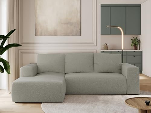 MKS MEBLE Sofa mit Schlaffunktion - Ecksofa mit Schlaffunktion und Bettkasten - Sofa 3 Sitzer - Schlafsofa - Couch - Schlafsofa mit Bettkasten - Trentino L - Hellgrau Boucle - Links