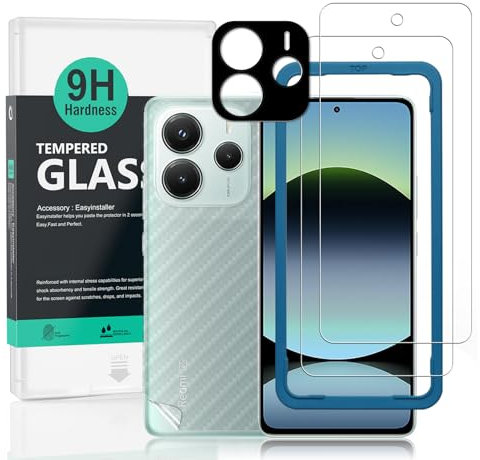 Ibywind 2 Piezas Protector Pantalla para Xiaomi Redmi Note 14 5G 6,67+1 Pieza Protector Cámara+1 Pieza Protector Trasera Fibra Carbono,Dureza 9H Cristal Templado,Fácil de instalar