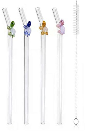 BaYuYPOO 4 Pcs Glass Straws With Turtle Cute Fun Reusable Glass Straws With Design Clear Bent Straws, Turtle Clear Glass Straws With 1 Pcs Straw Brush for Party Drink Cocktail
