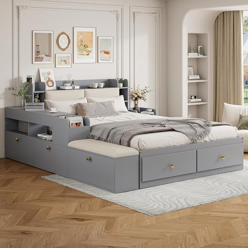 Massivholz-Kombi-Bett 140x200 cm, Funktionsbett Kinderbett mit Schubladen, Nachttisch, Sofabank und Stauraum-Langschrank, Kopfteil mit Staufach,Stauraumbett Doppelbett Tatamibett, ohne Matratze, Grau
