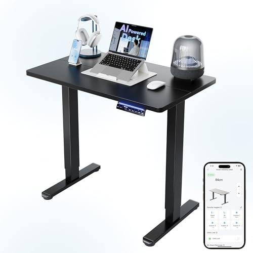 HUANUO AI-Powered 80 x 48cm Electric Standing Desk with Smart APP,4 Memory Height Settings Sit Stand Up Desk for Home Office & Computer Workstation