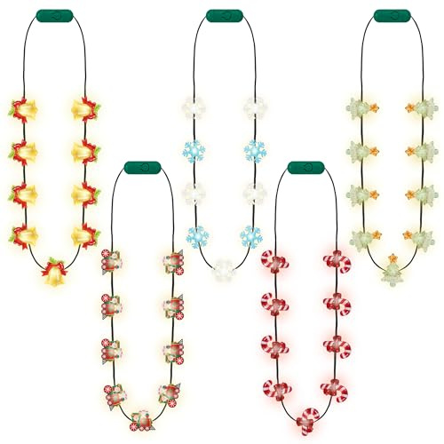 Lot de 5 colliers de Noël lumineux, lumières de Noël à DEL colorées, 3 modes, collier de Noël lumineux avec 9 ampoules lumineuses, colliers de Noël décoratifs pour fête sur le thème de l'hiver