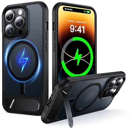 NJROW Magnetic Stand for iPhone 14 Pro Max Case Compatible with MagSafe [Stand & Wireless Charging 2in1] [Flush Hidden Kickstand] [Military Shockproof] Slim Translucent Matte Silicone, Black
