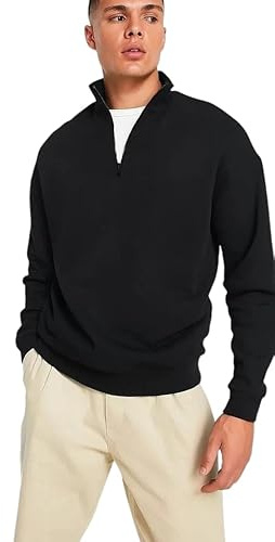 PixelKnit Mens Half Quarter Zip Sweatshirt Cotton Fleece Pullover Jumper with Funnel Neck, Casual Warm Brushed Lining Top Long Sleeve Relaxed Fit Everyday Wear Sweater (Black, 3XL)